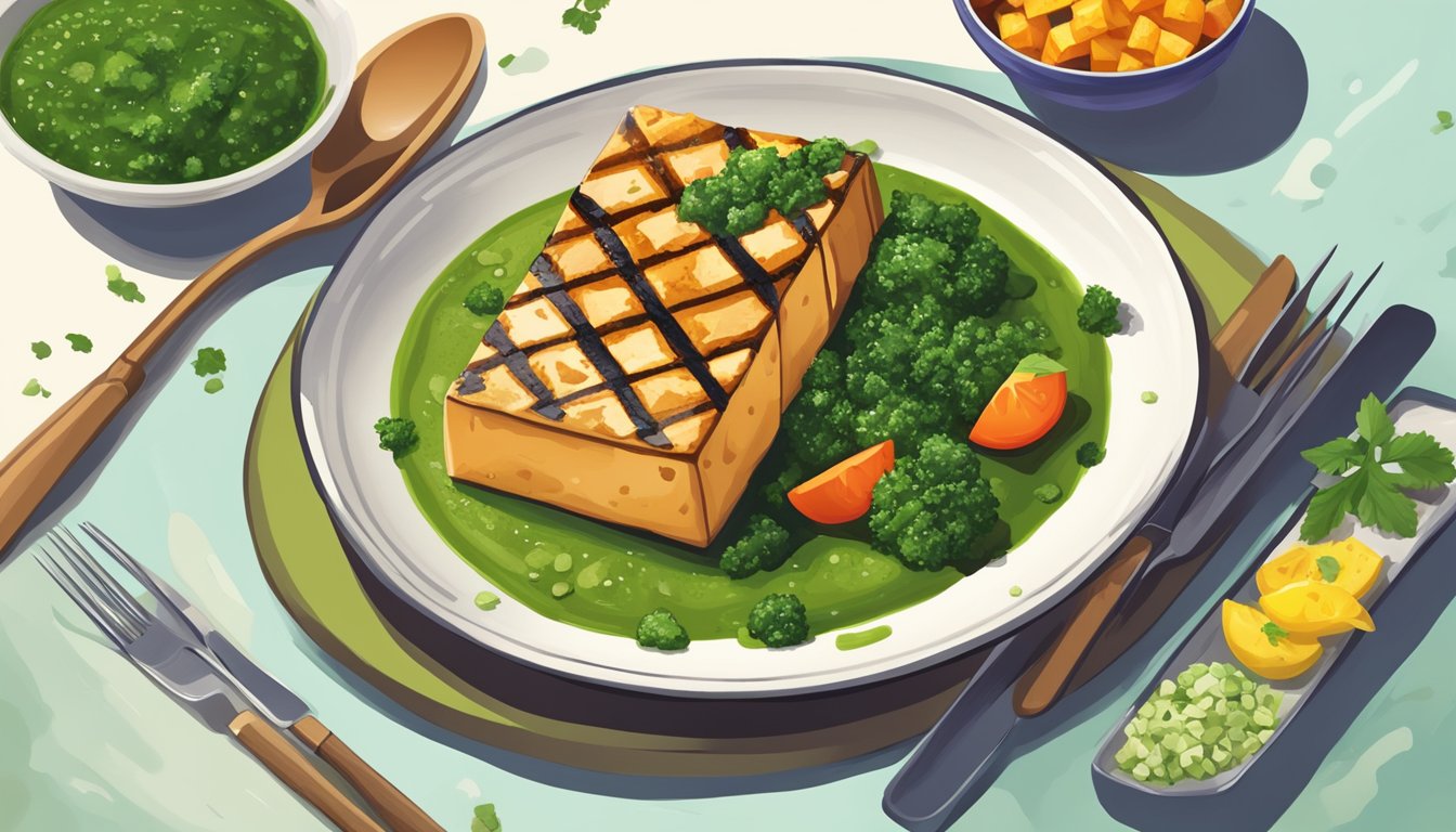 A plate of grilled tofu topped with vibrant green chimichurri sauce, accompanied by a colorful array of gallbladder-friendly diabetic meal items