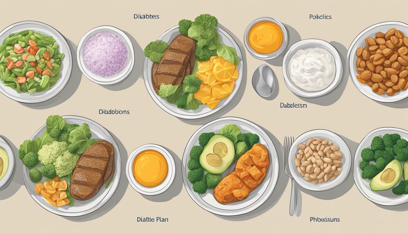 A table set with six kidney-friendly diabetic meal plans, each carefully portioned and labeled for managing potassium and phosphorus intake