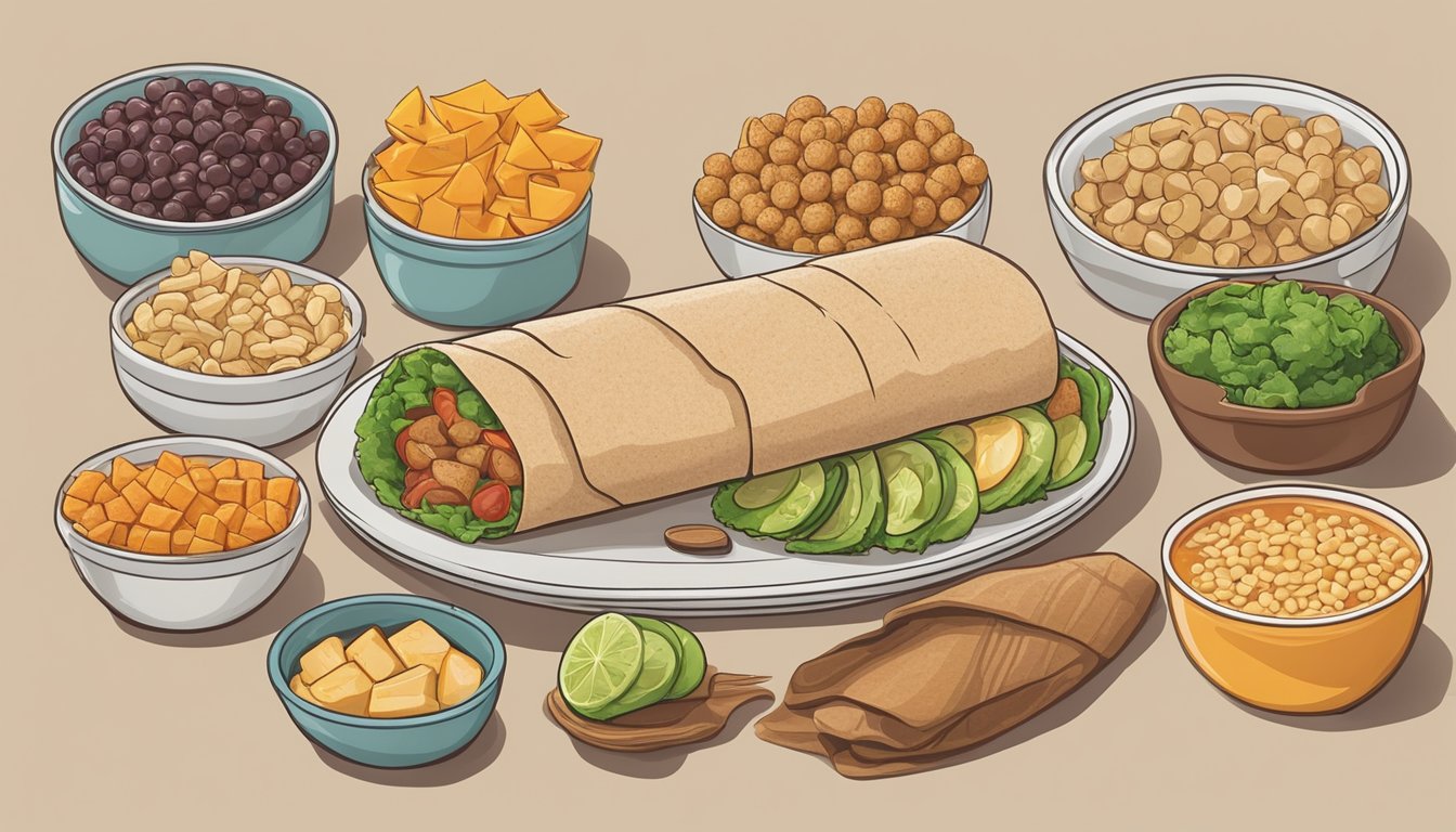 A whole wheat wrap with turkey, accompanied by a variety of gum-healthy foods, laid out on a table for a diabetic meal plan