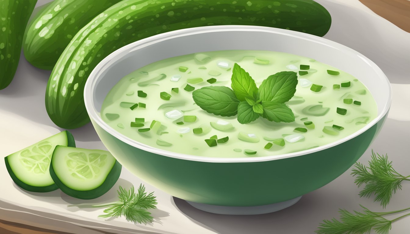 A bowl of chilled cucumber soup surrounded by fresh cucumbers, dill, and a sprig of mint