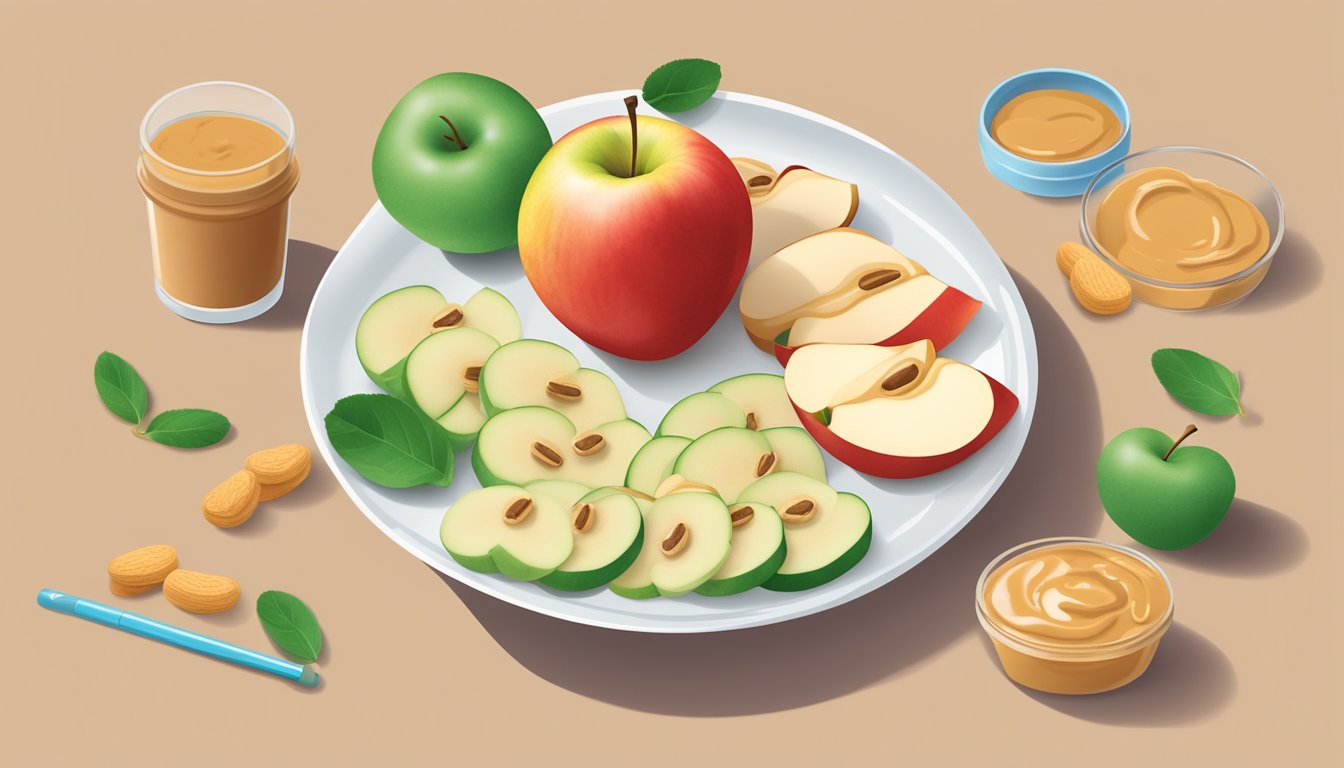 A plate with apple slices and a dollop of peanut butter, surrounded by 7 printed gum health meal plans for diabetics