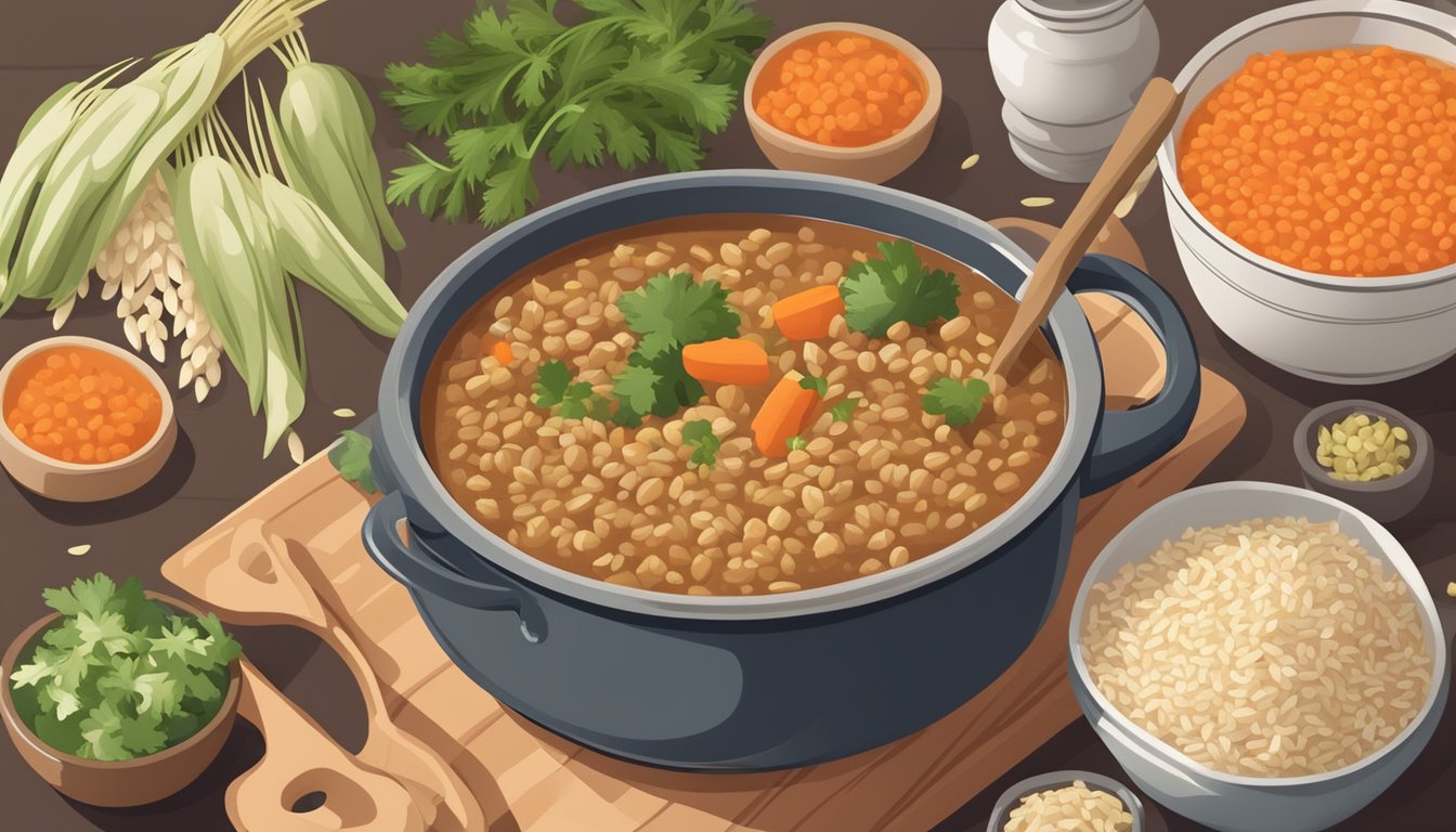 A steaming pot of brown rice and lentil stew surrounded by fresh ingredients like carrots, celery, and herbs, with a warm and inviting color palette