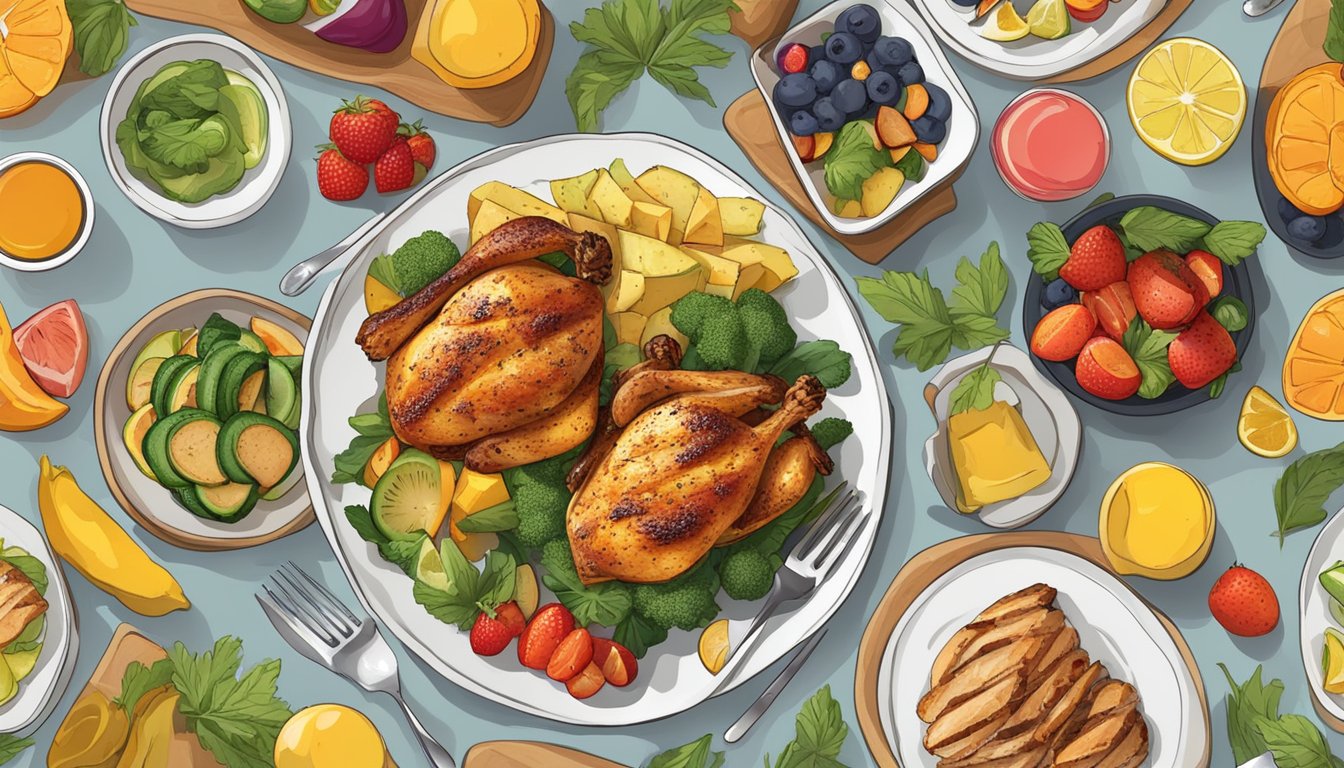 A table set with colorful, balanced meals: grilled chicken, roasted vegetables, and fresh fruit. No sugary drinks or fried foods in sight