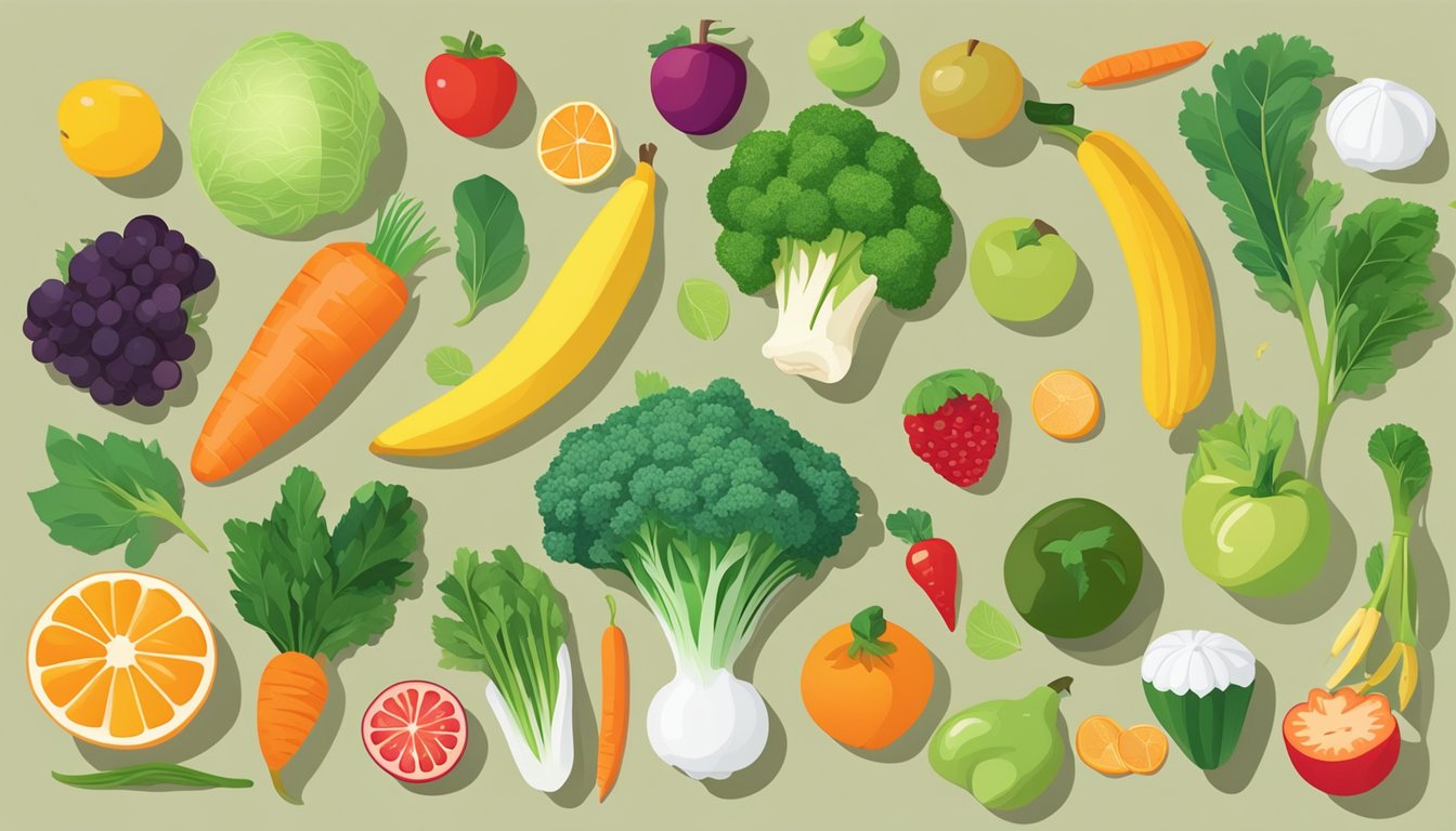 A variety of colorful fruits, vegetables, and lean proteins arranged on a table. A graphic of a tooth and a leafy green plant are displayed nearby