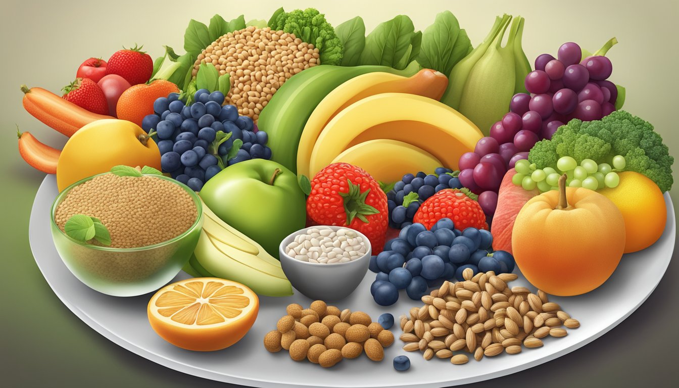 A colorful array of fruits, vegetables, lean proteins, and whole grains arranged on a plate, with a focus on gallbladder-friendly and diabetic-friendly options