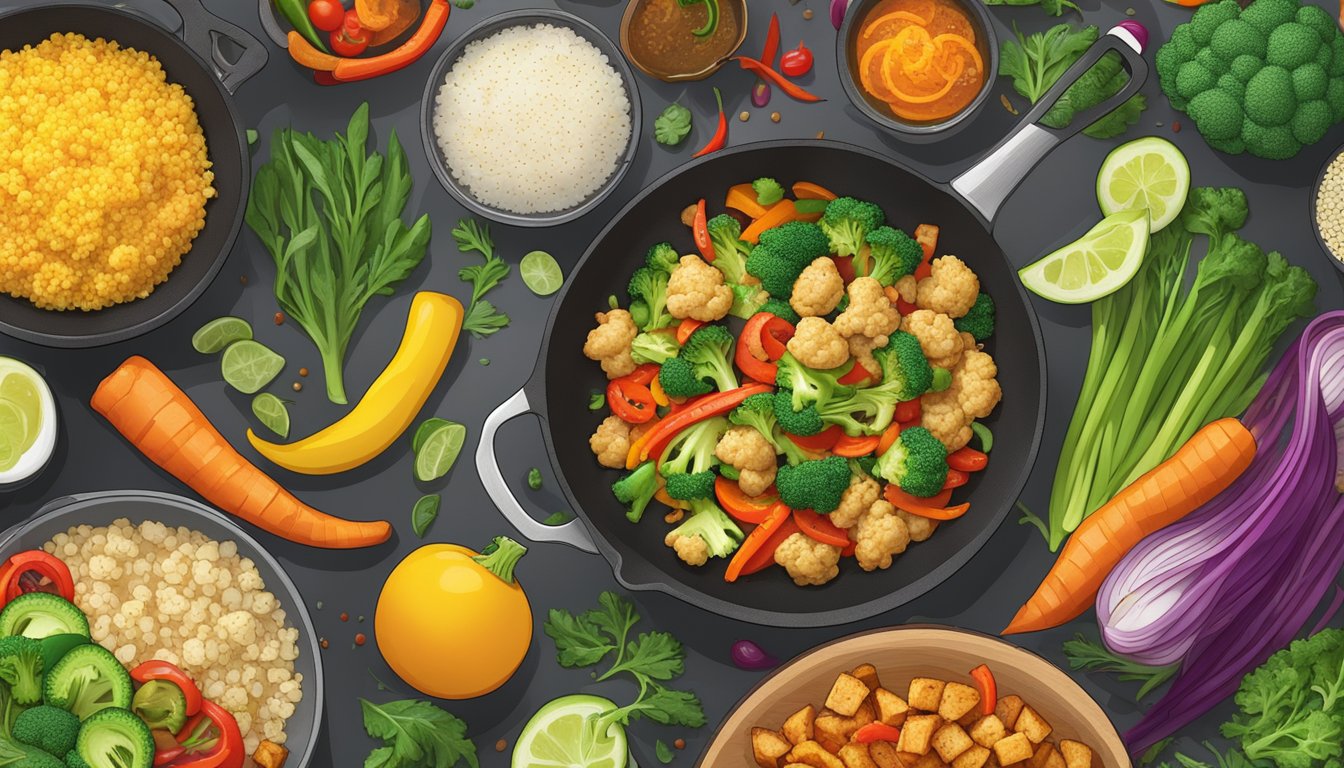 A colorful stir-fry sizzling in a pan, with vibrant vegetables and cauliflower rice, surrounded by a variety of sensory-friendly diabetic meal plans