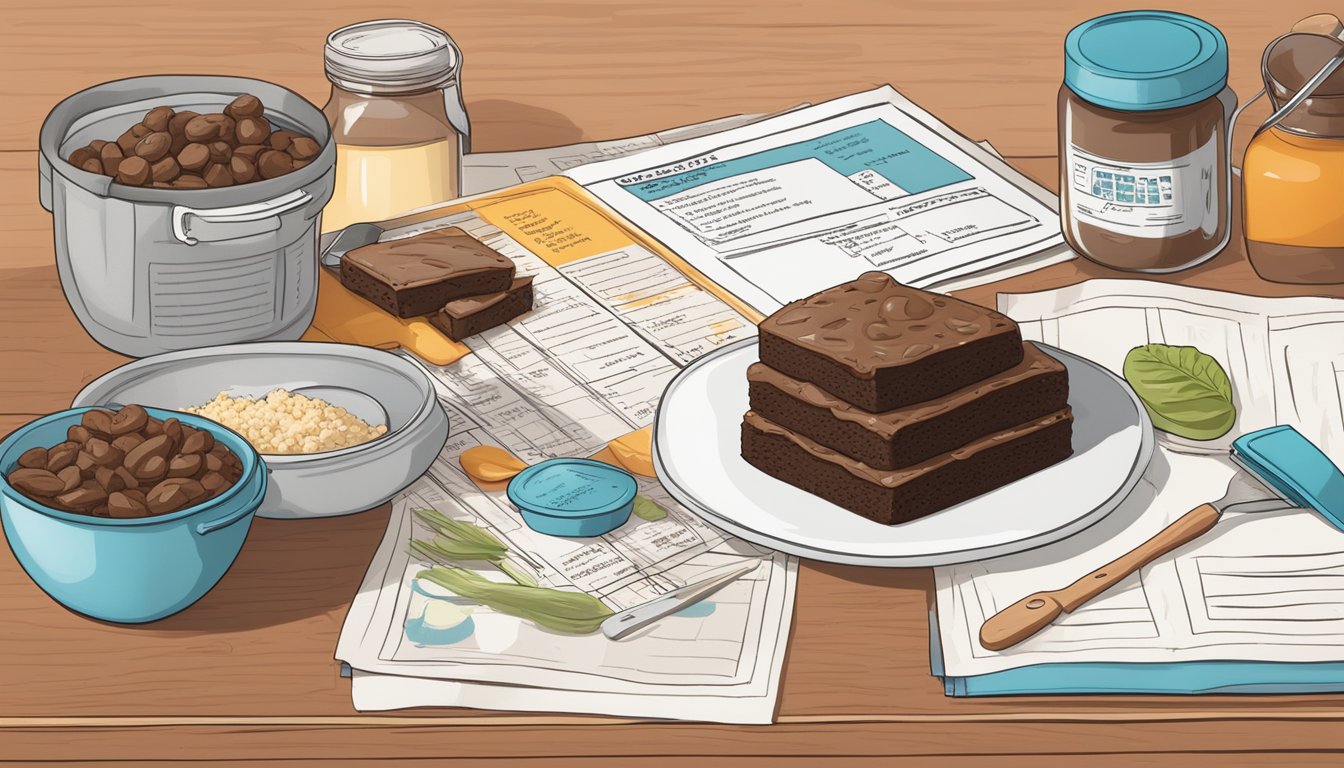 A kitchen counter with a box of Diabetic Kitchen Brownie Mix and a stack of meal plans for diabetics, surrounded by utensils and ingredients