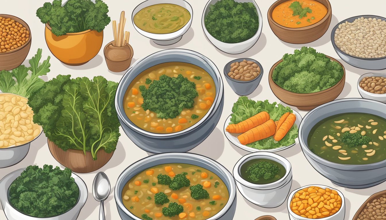 A steaming bowl of kale and lentil soup surrounded by various eye-healthy foods and diabetic-friendly meal plans