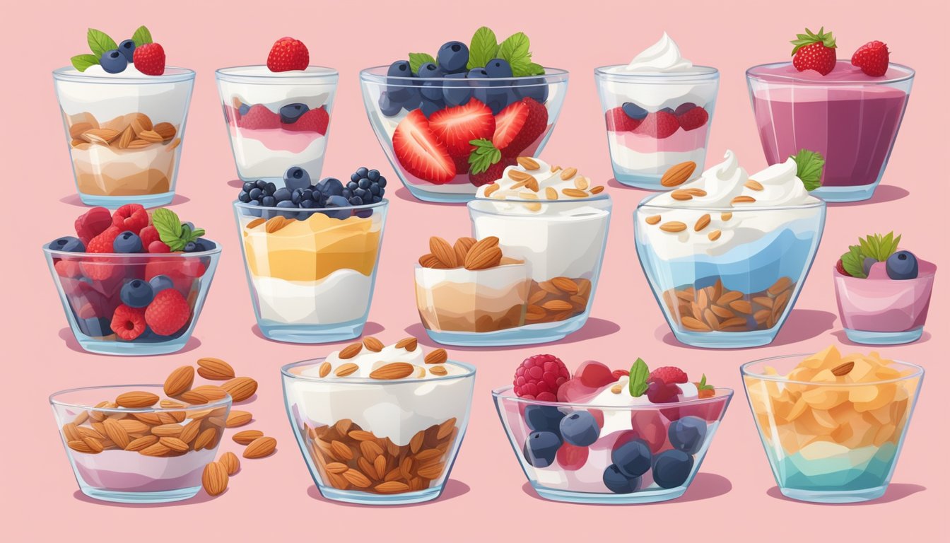 A glass parfait dish filled with layers of yogurt, berries, and almonds, surrounded by eight different meal plans for diabetics