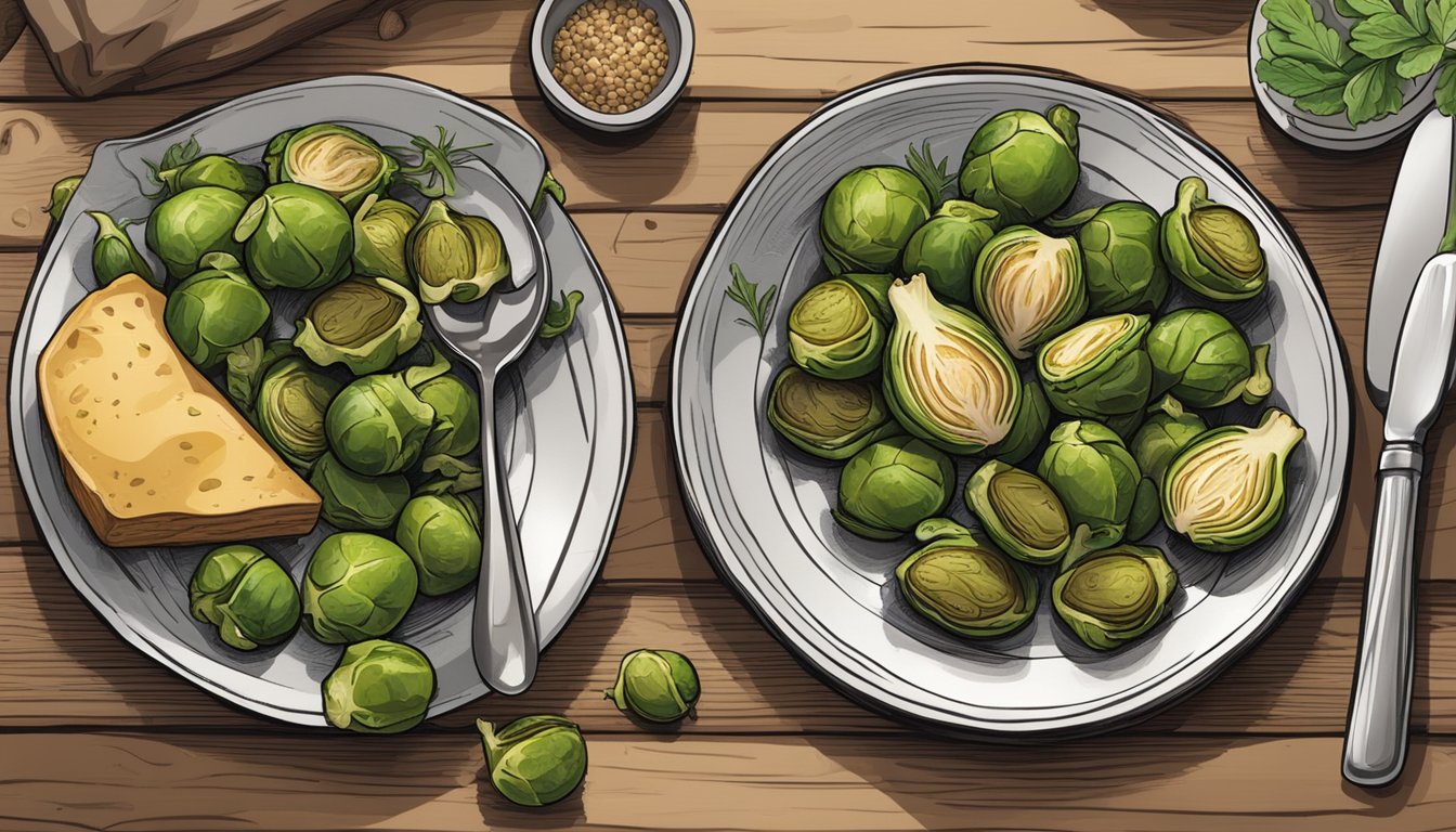 A rustic wooden table set with a plate of roasted Brussels sprouts and garlic, surrounded by 12 sensory-friendly diabetic meal plans