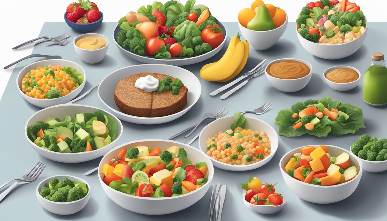 A table set with a variety of SmartMade Meals, along with a selection of fresh fruits and vegetables. A diabetic-friendly meal plan brochure is placed next to the meals