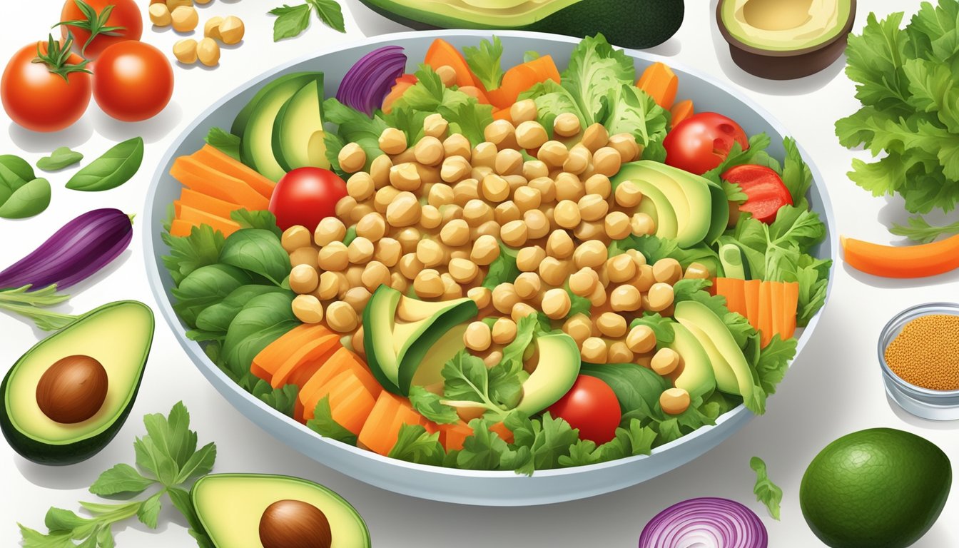 A colorful salad bowl filled with chickpeas, sliced avocado, and vibrant vegetables, surrounded by a variety of eye-healthy ingredients