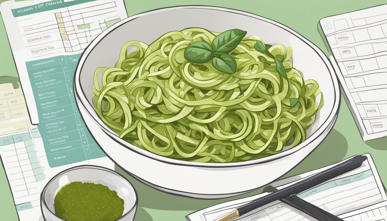 A bowl of zucchini noodles topped with pesto surrounded by 8 meal plans for diabetics, with a focus on eye health