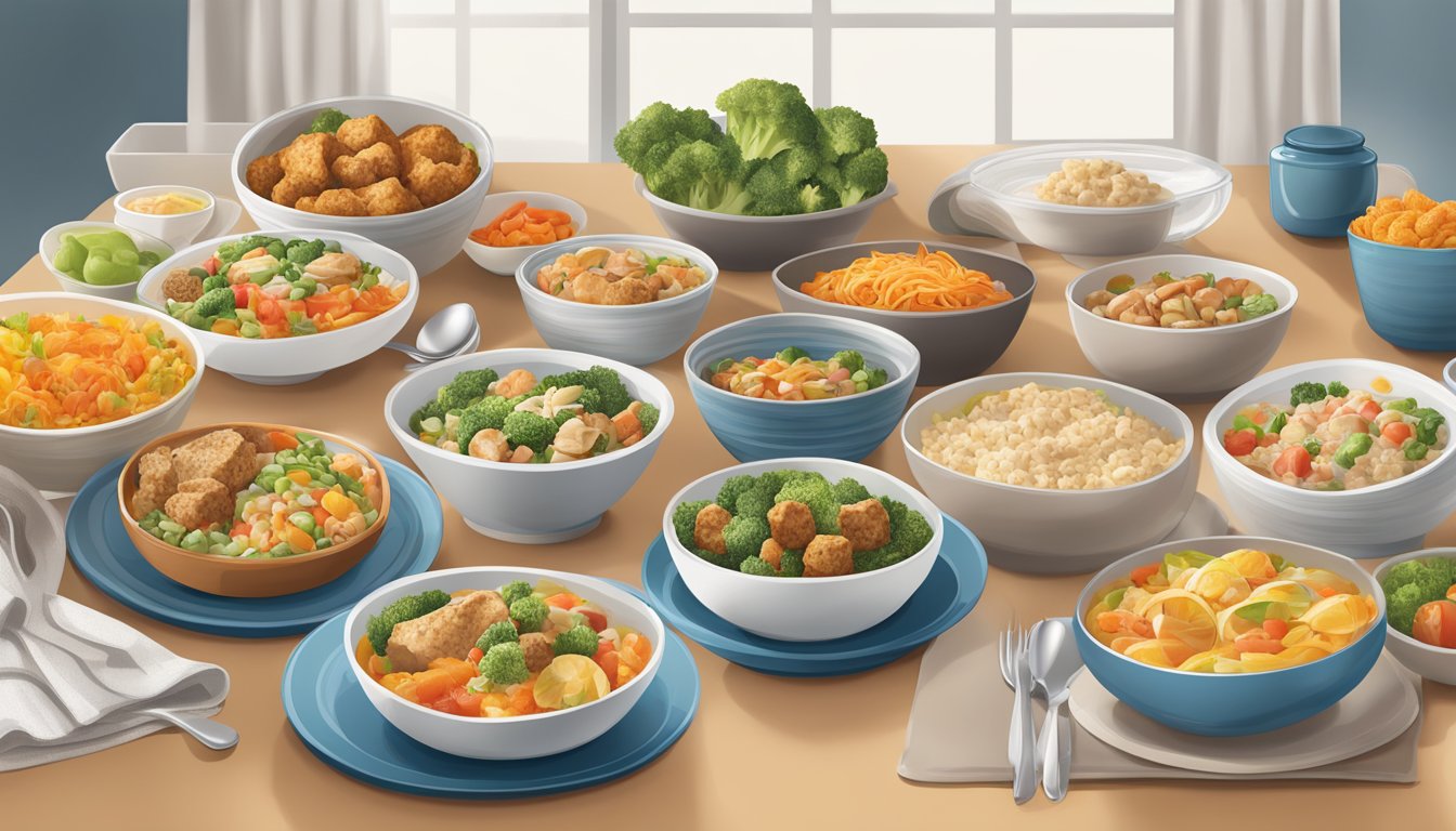 A table set with 11 Lean Cuisine Balance Bowls, a variety of meal plans for diabetics, with limited mobility in mind