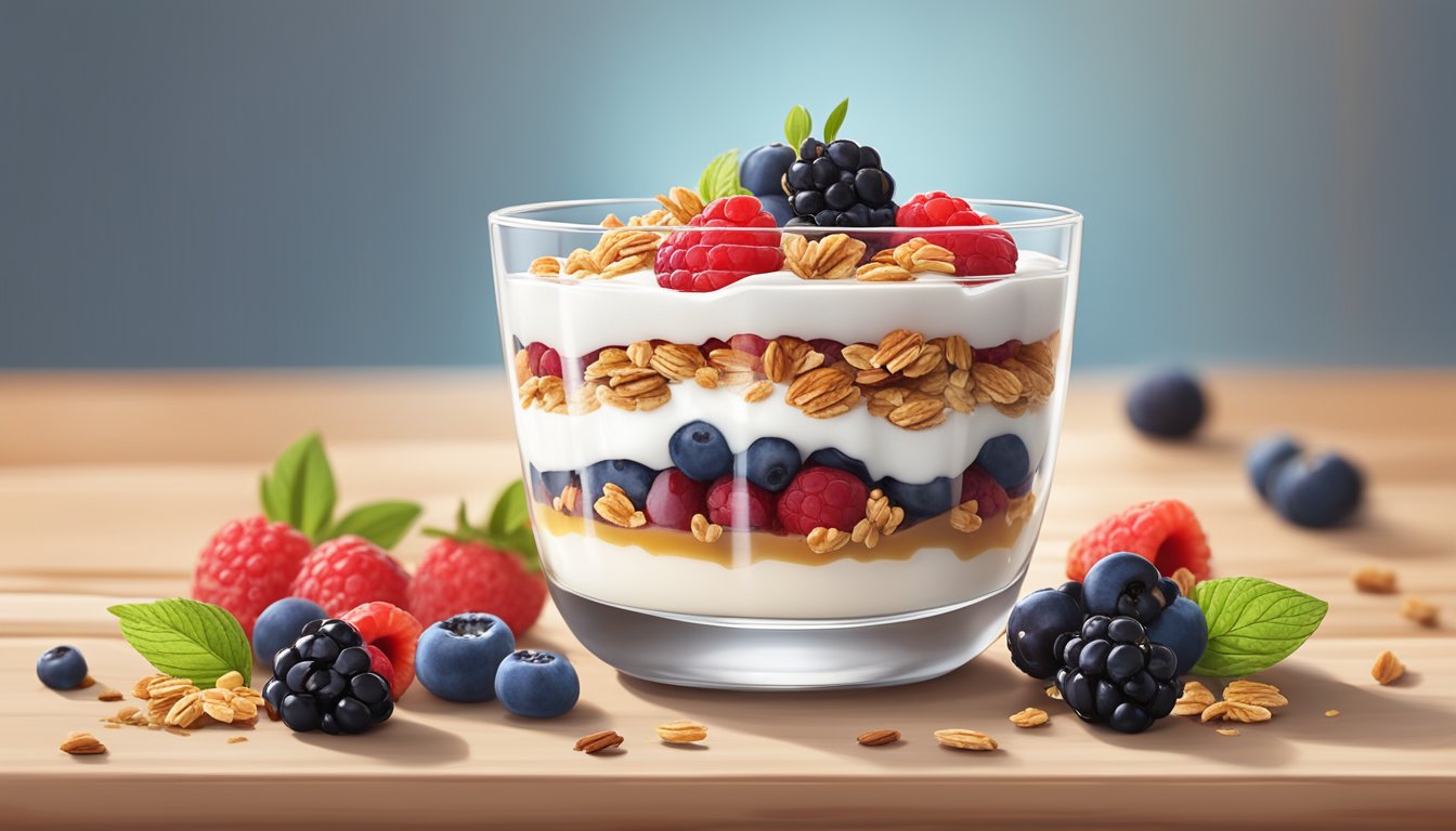 A glass parfait dish filled with layers of fresh berries, creamy Greek yogurt, and granola, topped with a drizzle of honey and a sprinkle of cinnamon