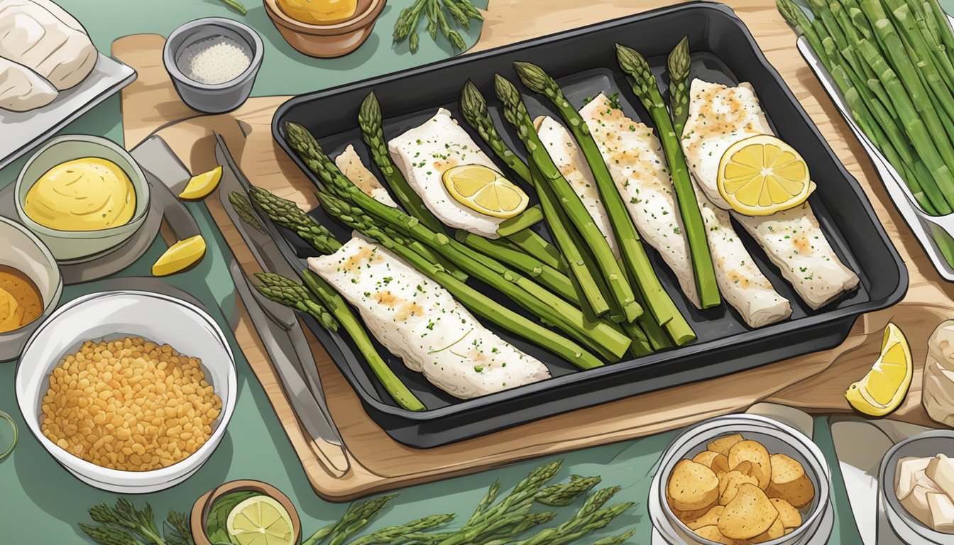 A baking tray with seasoned cod and asparagus, surrounded by ingredients and a diabetic meal plan