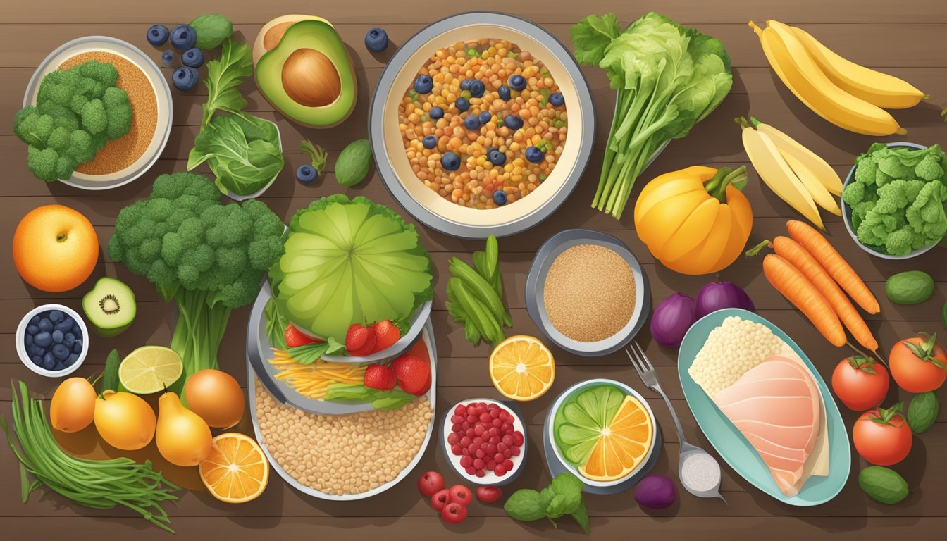 A table set with a variety of healthy foods, including fruits, vegetables, whole grains, and lean proteins, with a focus on eye health for diabetics