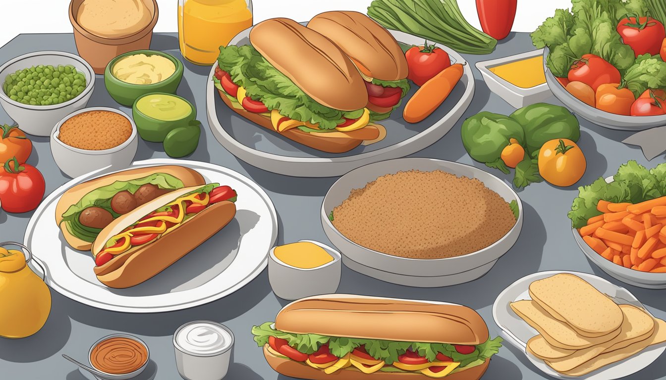 A colorful spread of fresh vegetables, whole grain buns, and lean turkey hot dogs arranged on a table with a diabetic meal plan booklet nearby