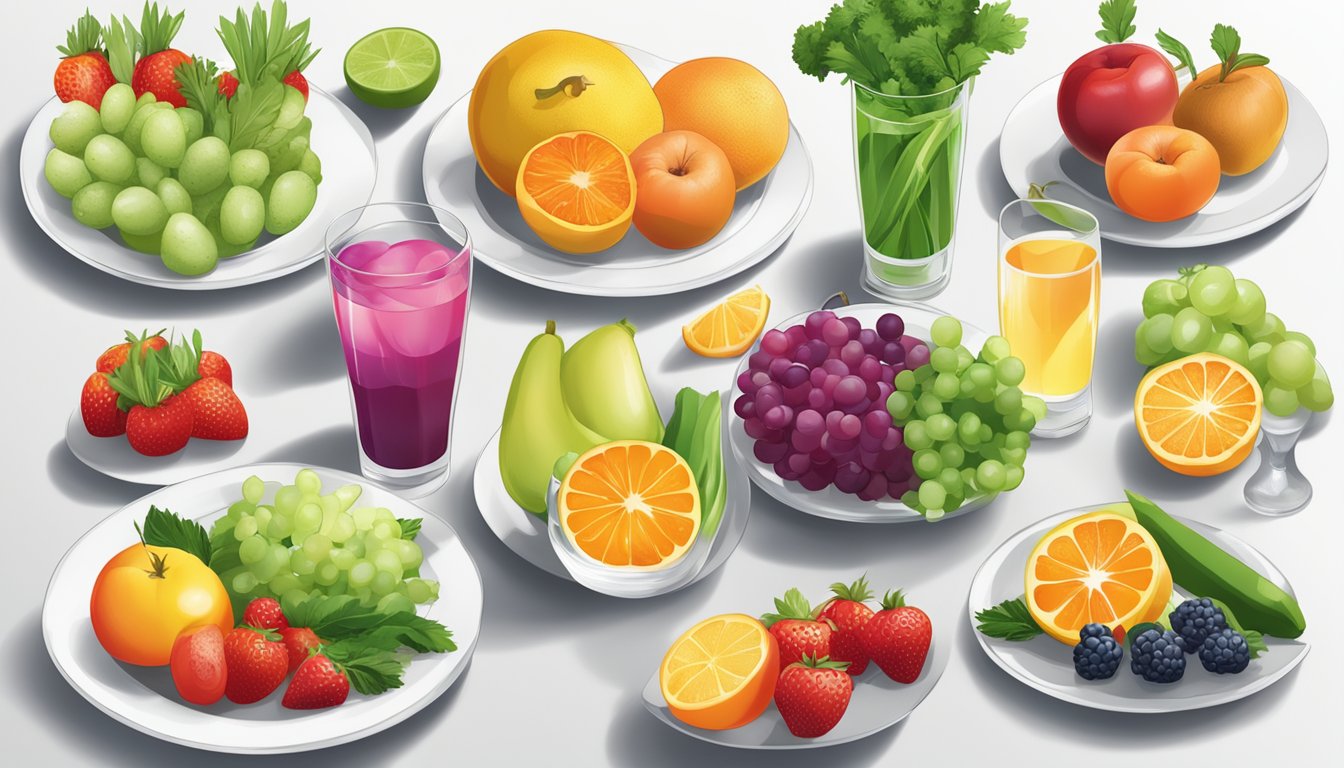 A colorful array of fresh fruits, vegetables, and lean proteins arranged on a clean, white plate, with a glass of water on the side