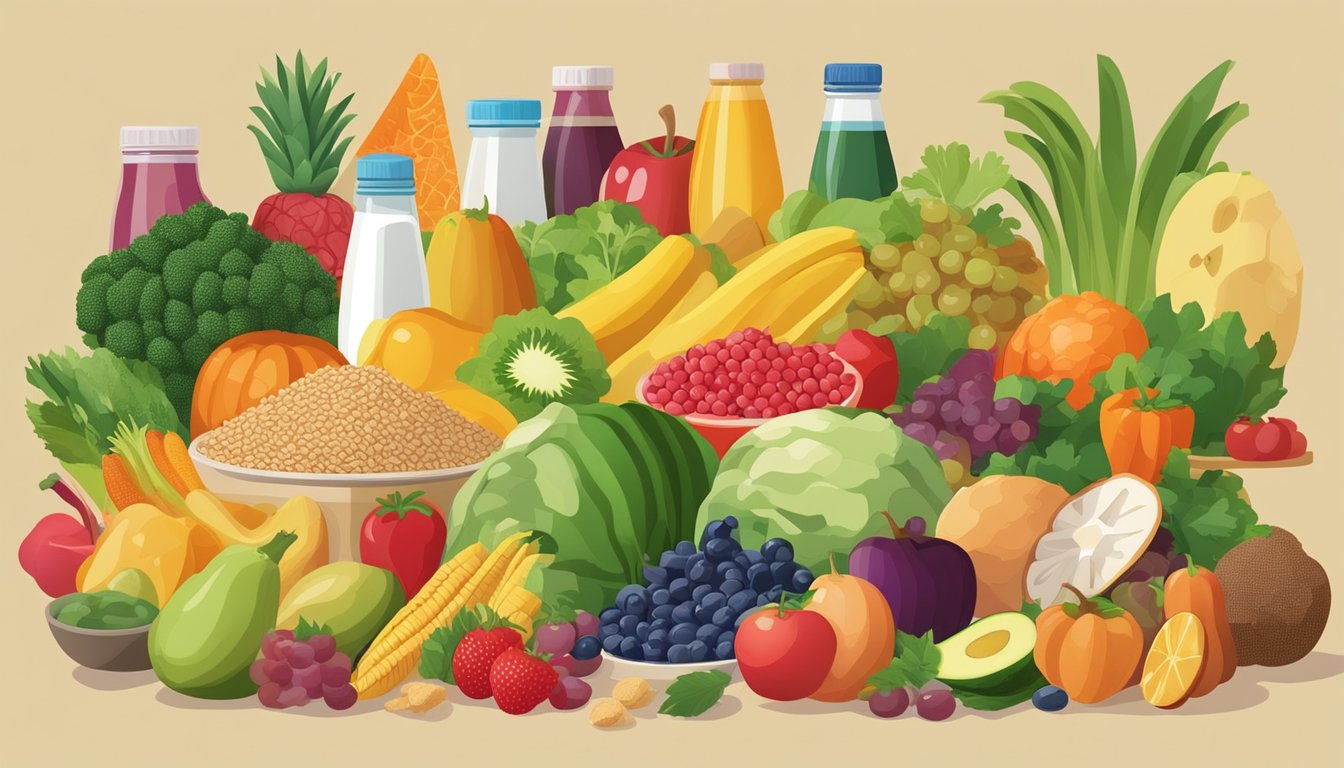 A colorful array of fruits, vegetables, whole grains, and lean proteins laid out on a table, with a focus on foods beneficial for eye health and suitable for diabetics