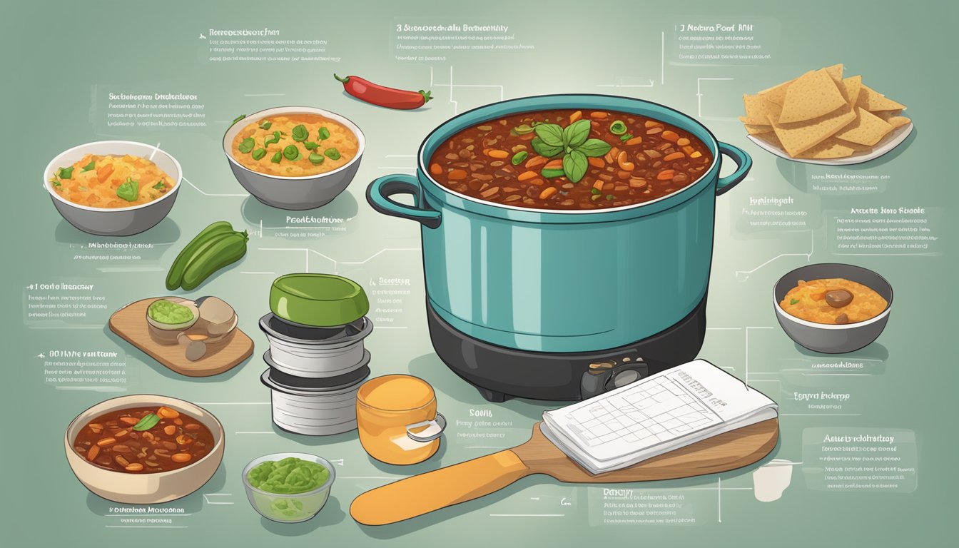 A steaming pot of vegetarian chili surrounded by 11 labeled meal plans for diabetics, with a focus on accessibility and limited mobility