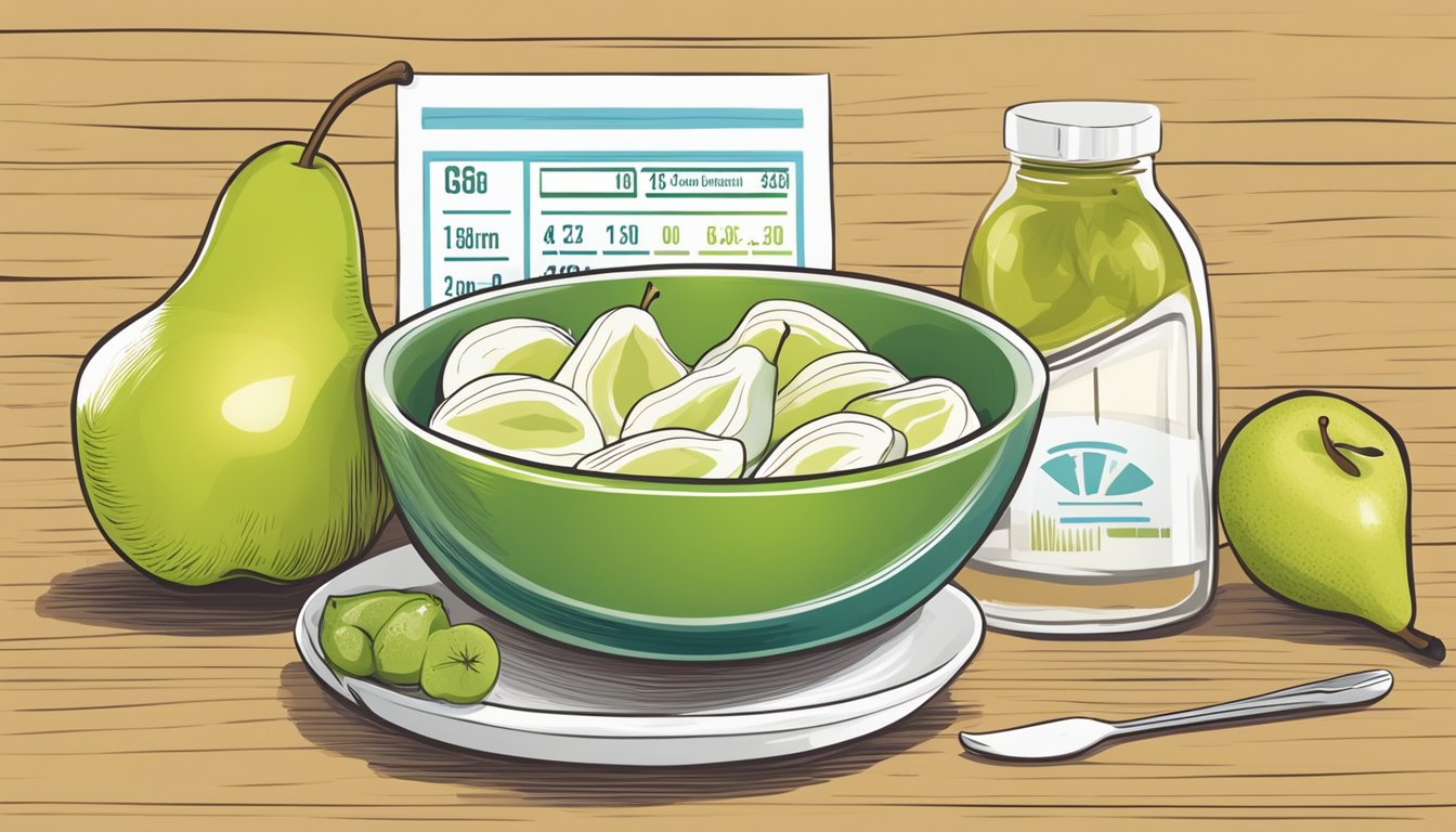 A bowl of ripe pears surrounded by sinus health meal ingredients, with a low glycemic index chart in the background