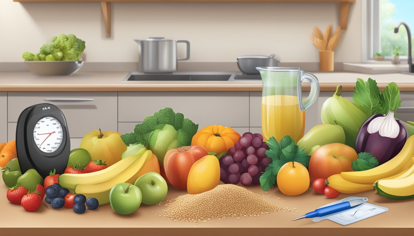 A kitchen counter with a variety of fresh fruits, vegetables, and whole grains, along with a measuring cup and a blood glucose monitor