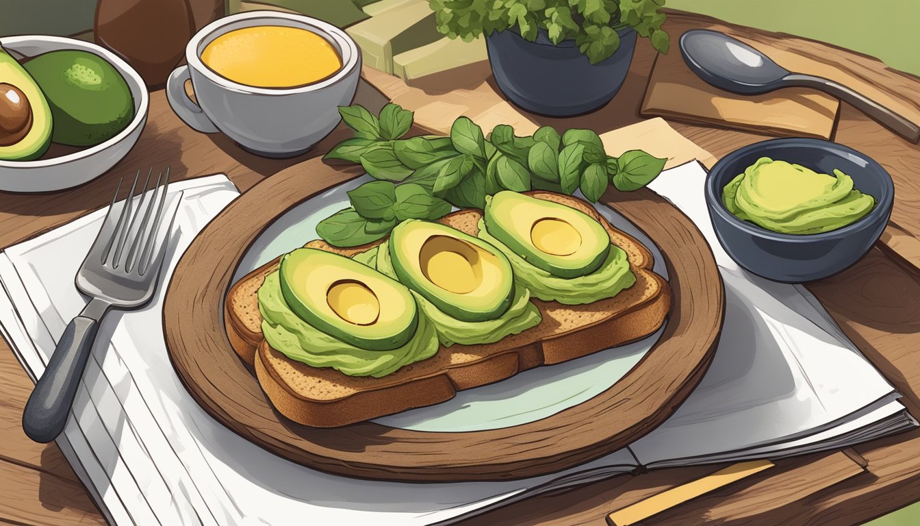 A rustic wooden table set with a plate of whole grain avocado toast, surrounded by fresh ingredients and a book titled "14 Longevity-Promoting Diabetic Meal Plans."