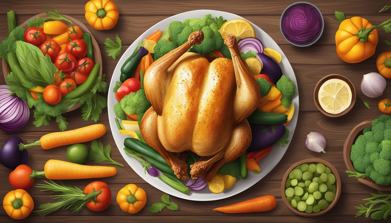 A whole roasted chicken surrounded by a variety of colorful vegetables on a rustic wooden table