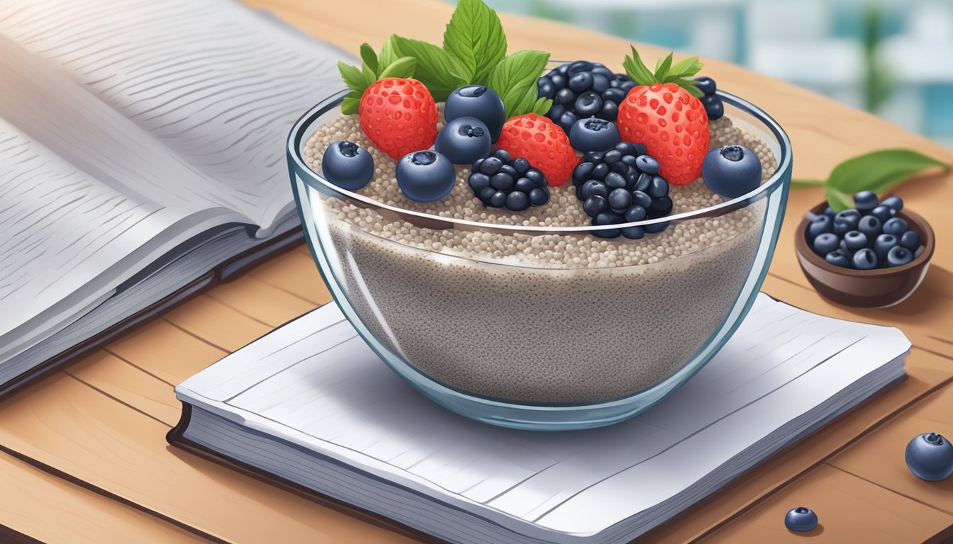 A glass bowl of chia seed pudding topped with fresh berries on a wooden table surrounded by a book titled "14 Longevity-Promoting Diabetic Meal Plans."