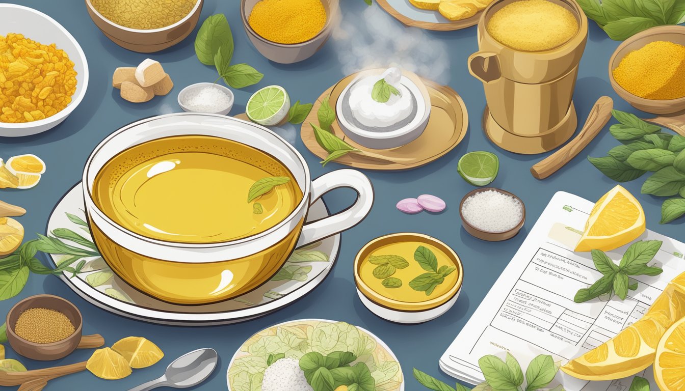 A steaming cup of golden turmeric tea surrounded by 13 colorful meal plans for diabetics, with a focus on sinus health