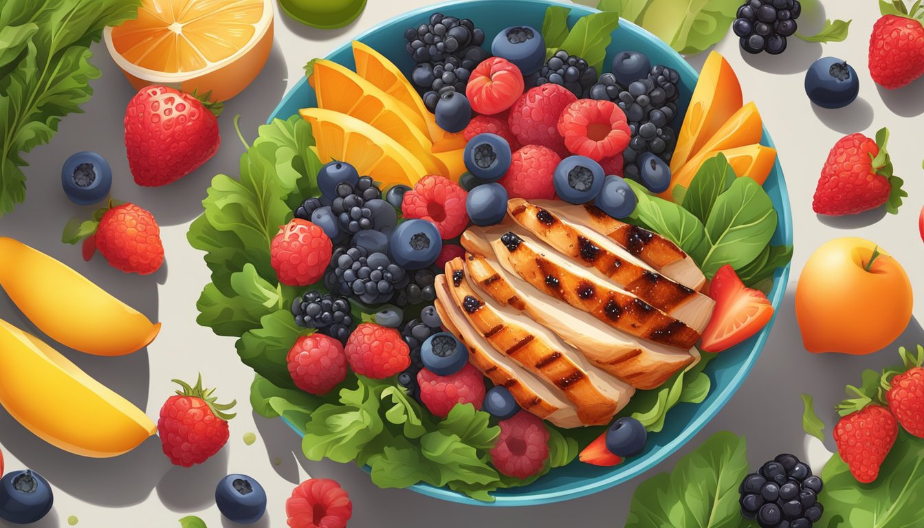 A vibrant bowl of mixed berries and grilled chicken on a bed of fresh greens, surrounded by colorful seasonal fruits and vegetables