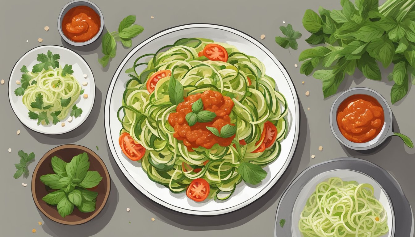 A plate of spiraled zucchini noodles topped with marinara sauce surrounded by fresh herbs and vegetables