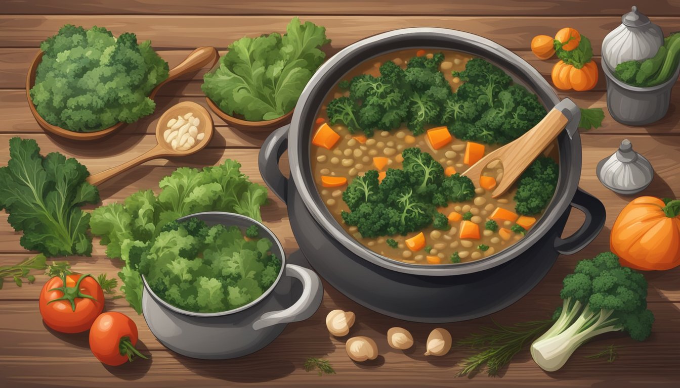 A steaming pot of lentil and kale soup surrounded by fresh vegetables and herbs on a rustic wooden table