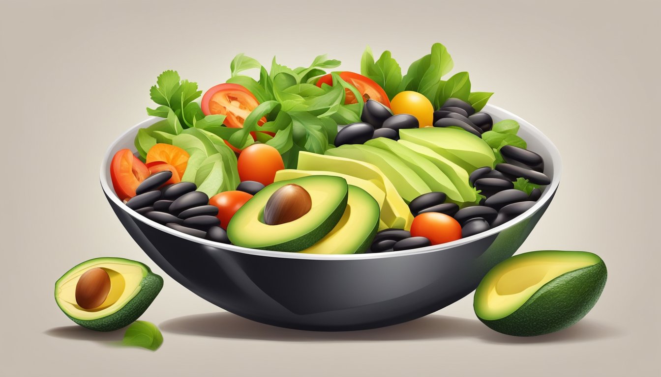 A colorful salad bowl with sliced avocado, black beans, and various fresh vegetables arranged in an appealing and appetizing manner