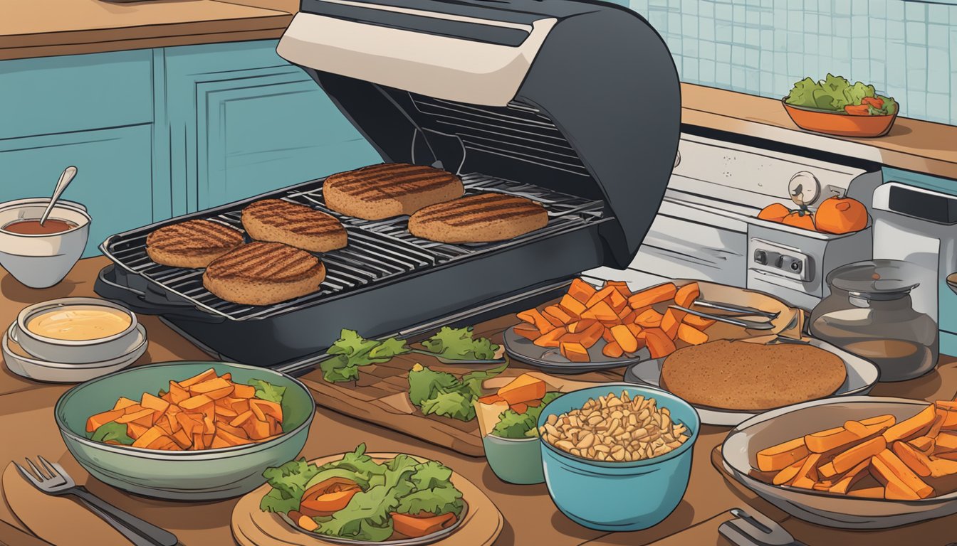 A sizzling grill cooks turkey burgers while sweet potato fries crisp in the oven. A table displays a cookbook titled "14 Longevity-Promoting Diabetic Meal Plans."