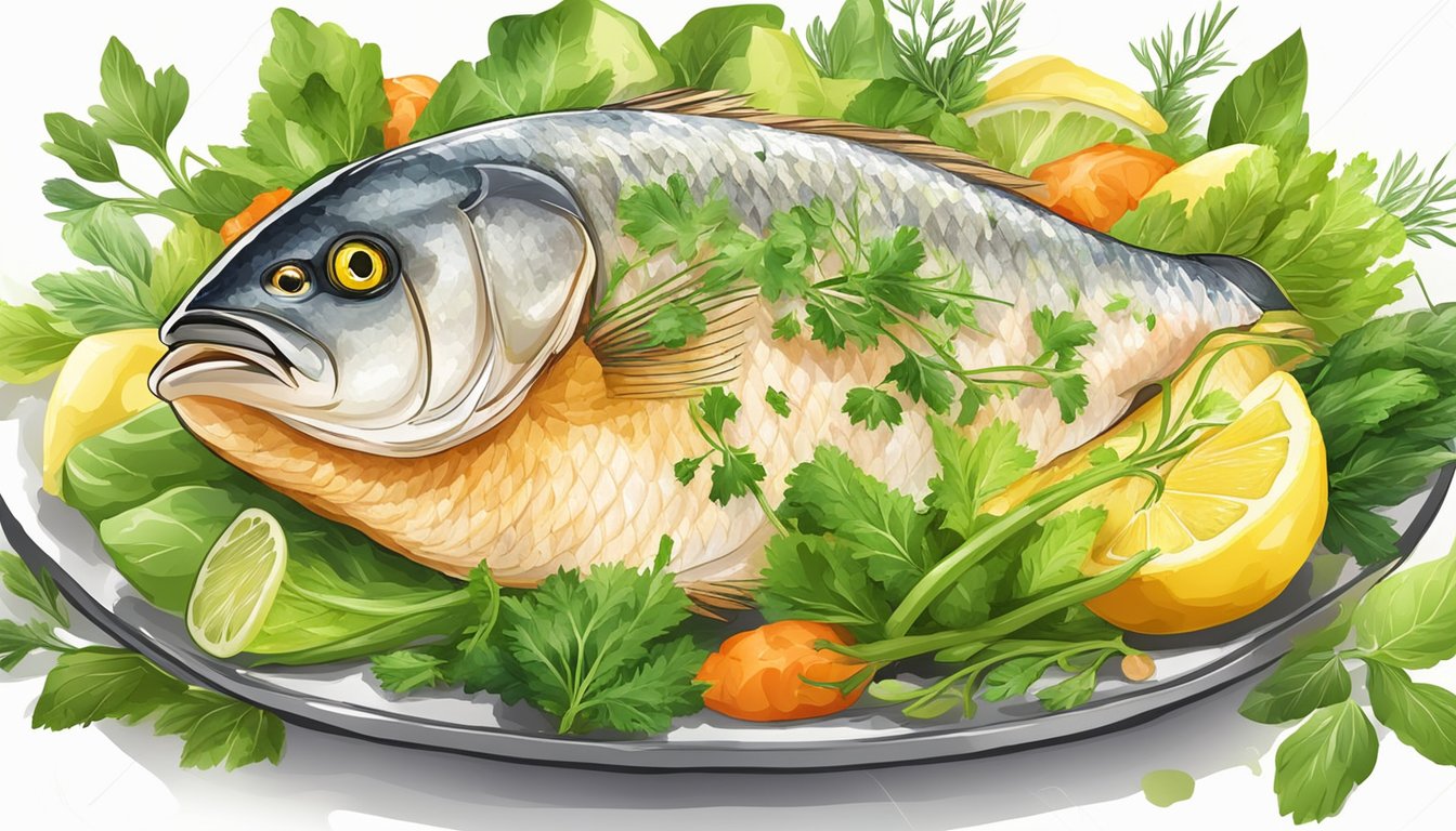 A colorful plate with a lemon herb fish fillet surrounded by fresh spring vegetables and herbs