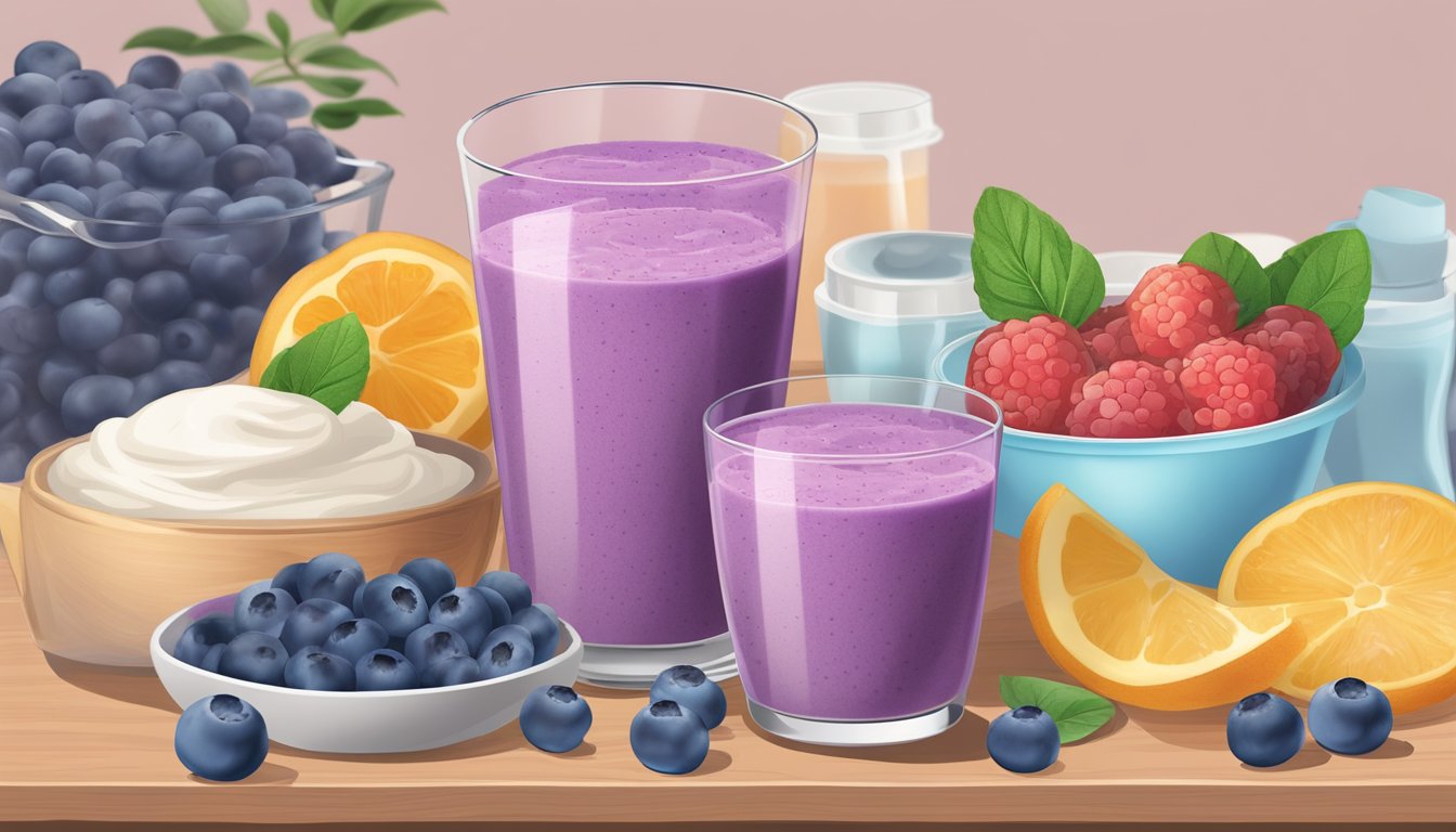 A glass of blueberry yogurt smoothie surrounded by 13 different sinus health meal plans for diabetics, arranged on a table