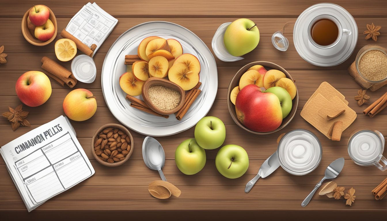 A rustic wooden table adorned with a spread of baked cinnamon apple slices, surrounded by seasonal fruits and a stack of diabetic meal plans