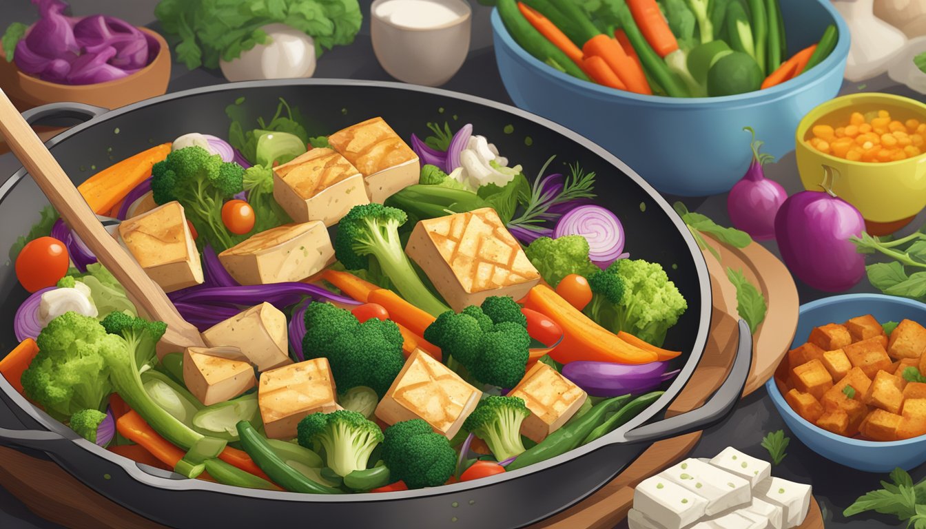 A sizzling pan of tofu and ginger stir-fry surrounded by a variety of colorful vegetables and herbs, with a stack of meal plans for diabetics in the background