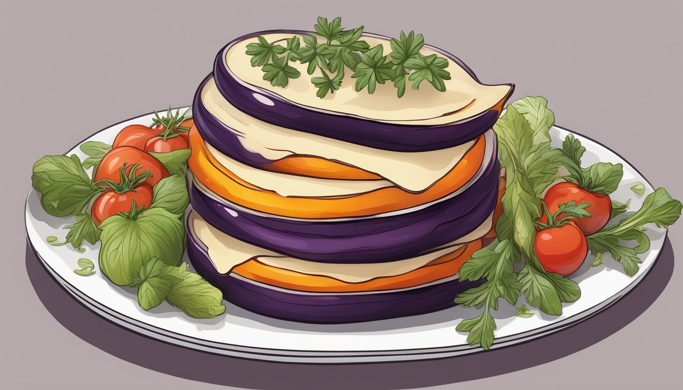 A colorful plate of sliced eggplant layered with marinara sauce and melted cheese, surrounded by vibrant seasonal vegetables and herbs