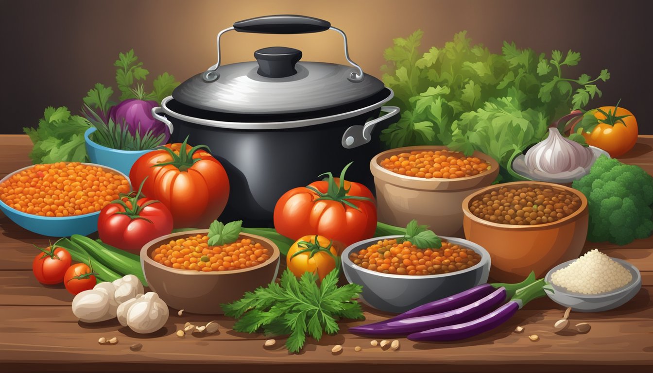 A steaming pot of lentil and tomato stew surrounded by a variety of colorful vegetables and herbs, set on a rustic wooden table