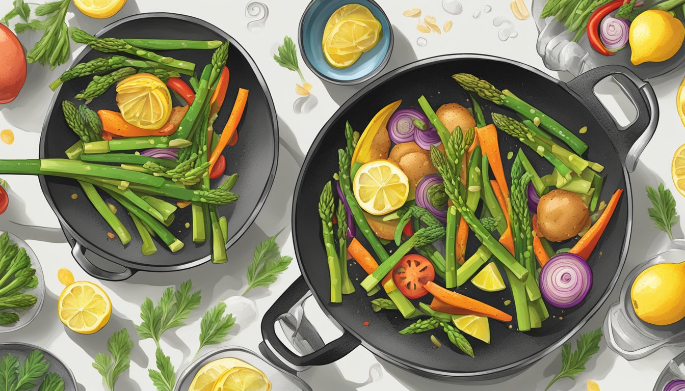 A colorful stir-fry sizzling in a wok, filled with vibrant lemon asparagus and a variety of seasonal vegetables