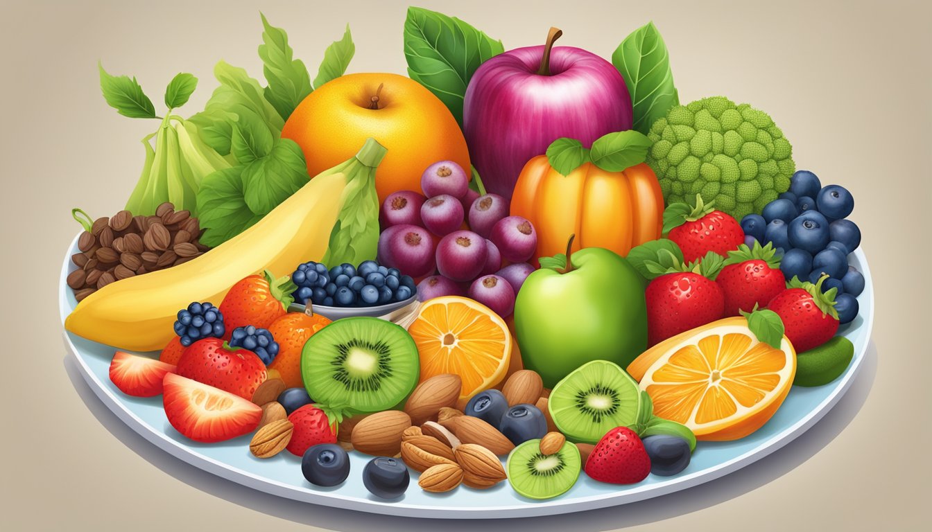 A colorful array of fresh fruits, vegetables, nuts, and seeds arranged on a vibrant plate, surrounded by a variety of antioxidant-rich foods