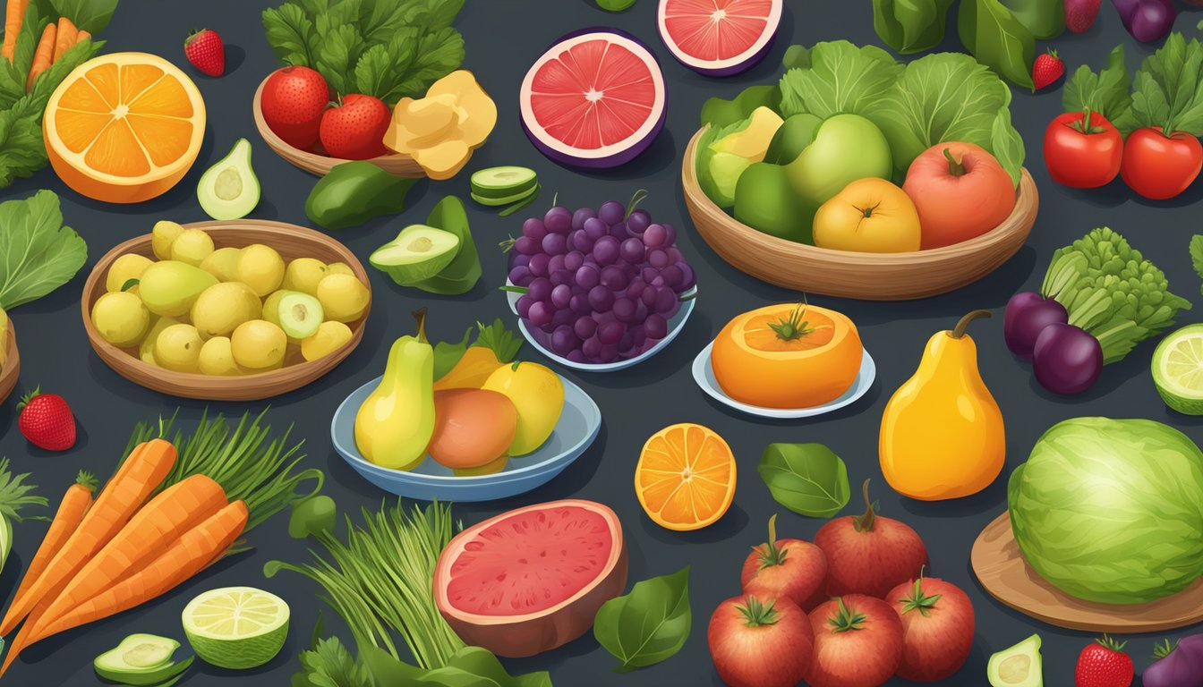 A table filled with colorful, fresh fruits and vegetables, with a variety of seasonal ingredients arranged in an organized and appealing display