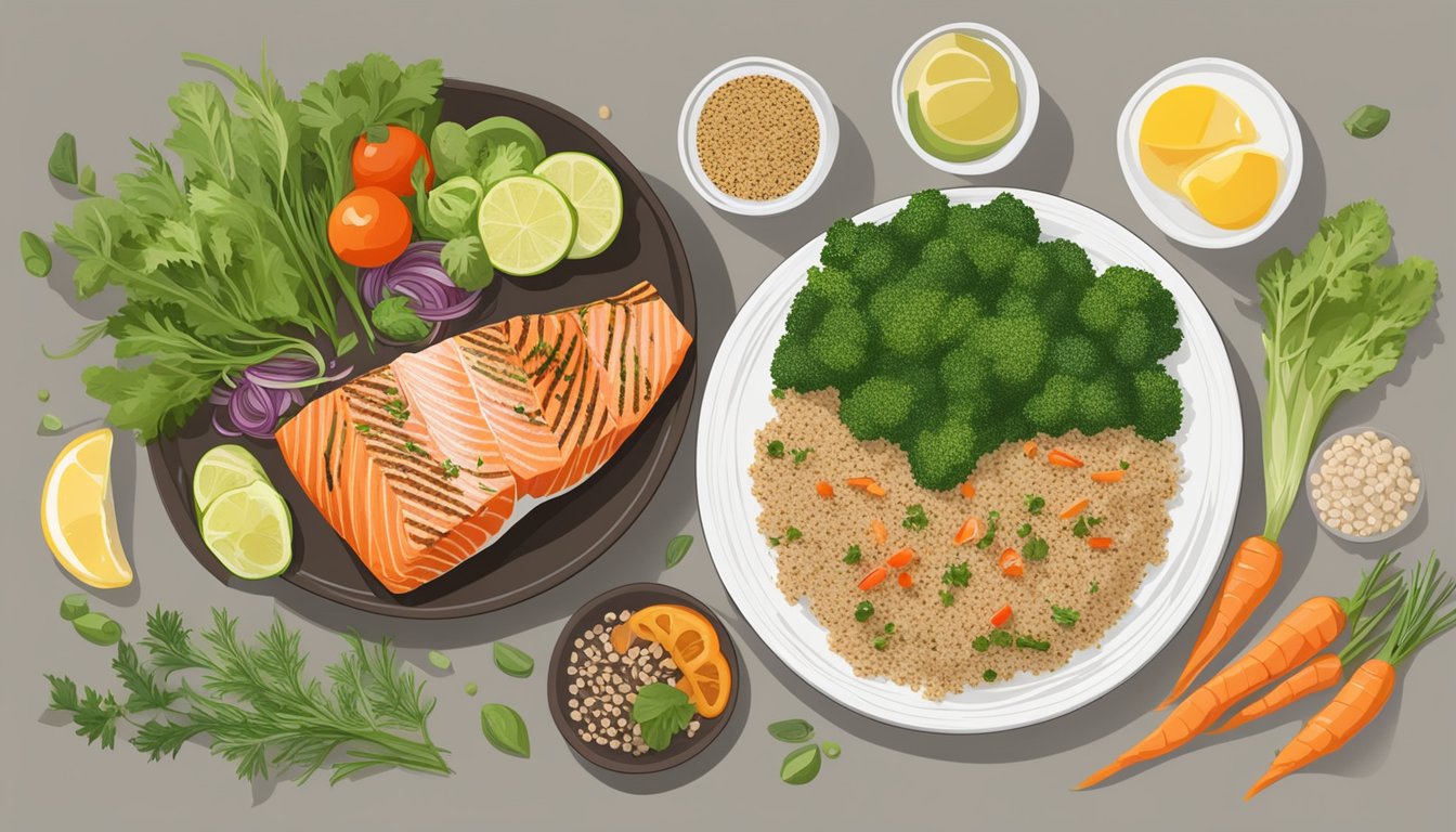 A plate of grilled salmon and quinoa surrounded by ingredients like vegetables and herbs, with a list of diabetic meal plans for better sleep