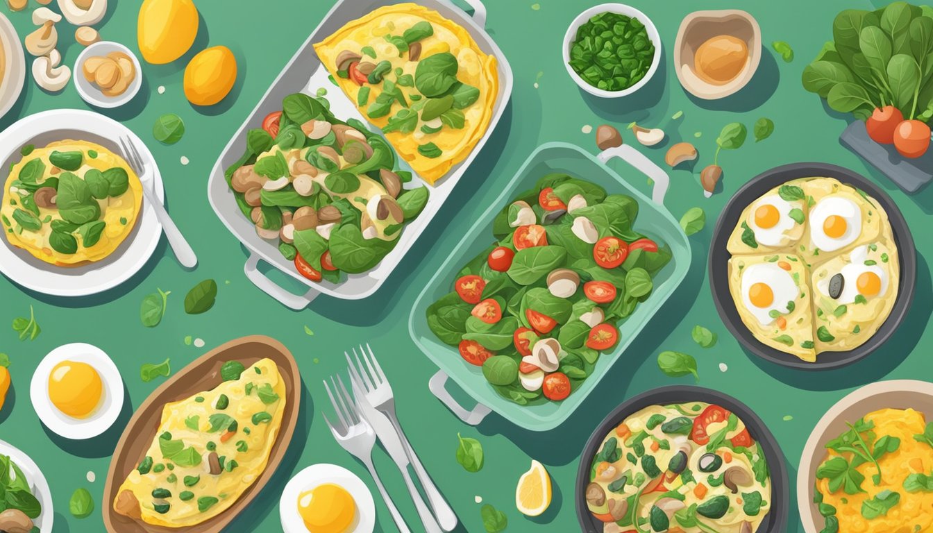 A colorful omelette with spinach and mushrooms surrounded by 7 different meal plans, all arranged on a table