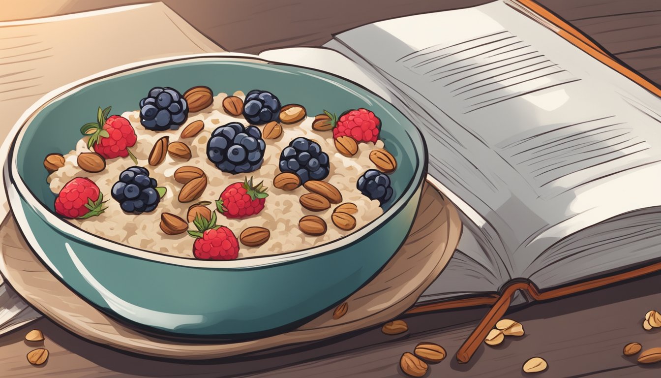 A bowl of oatmeal topped with walnuts and berries on a table with a book titled "9 Brain-Boosting Diabetic Meal Plans"