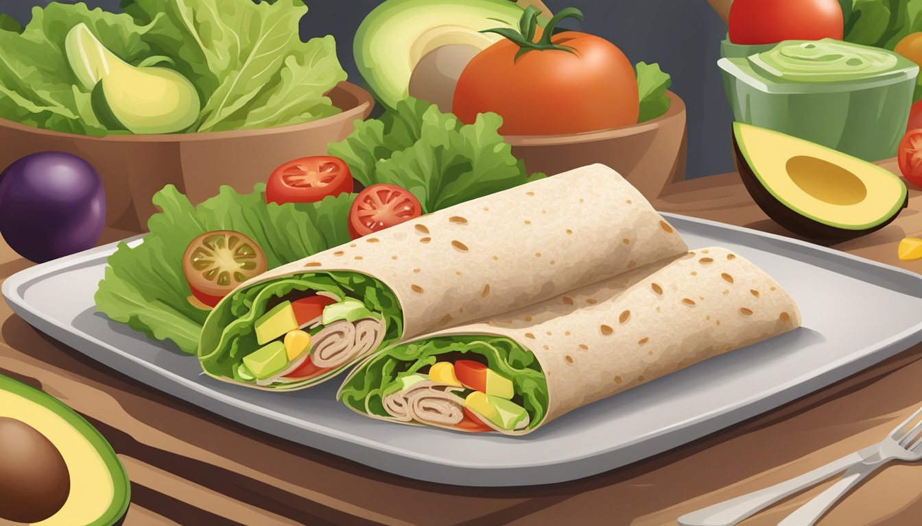 A colorful turkey and avocado wrap surrounded by various ingredients like lettuce, tomatoes, and whole grain tortilla