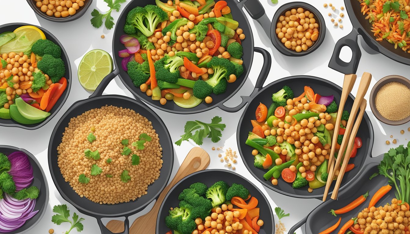 A colorful stir-fry sizzling in a pan, filled with quinoa, chickpeas, and vibrant vegetables, surrounded by six different meal plans for diabetics focused on prostate health